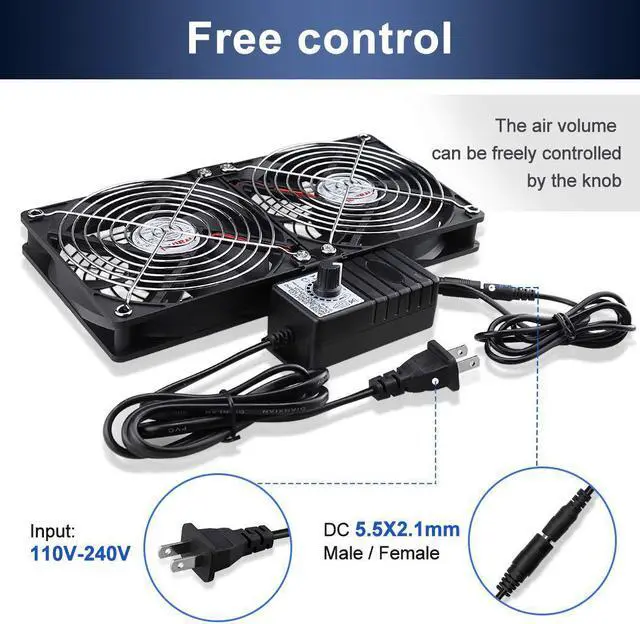 Alt view image 4 of 6 - Wathai Big Airflow 2 x 120mm 240mm Computer Fan with AC Plug Cabinet Fan 110V 240V AC Power Supply, Speed Controller 3V to 12V, for Mining Machine Chassis Server Workstation Cooling
