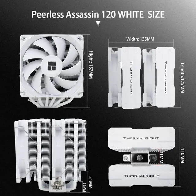Alt view image 6 of 6 - Peerless Assassin 120 White CPU Air Cooler, 6 Heat Pipes,TL-C12W PWM Fan,Aluminium Heatsink Cover, AGHP Technology, for AMD AM4/AM5/Intel LGA 1700/115X/1851/1200/2066/2011 (PA120 White)