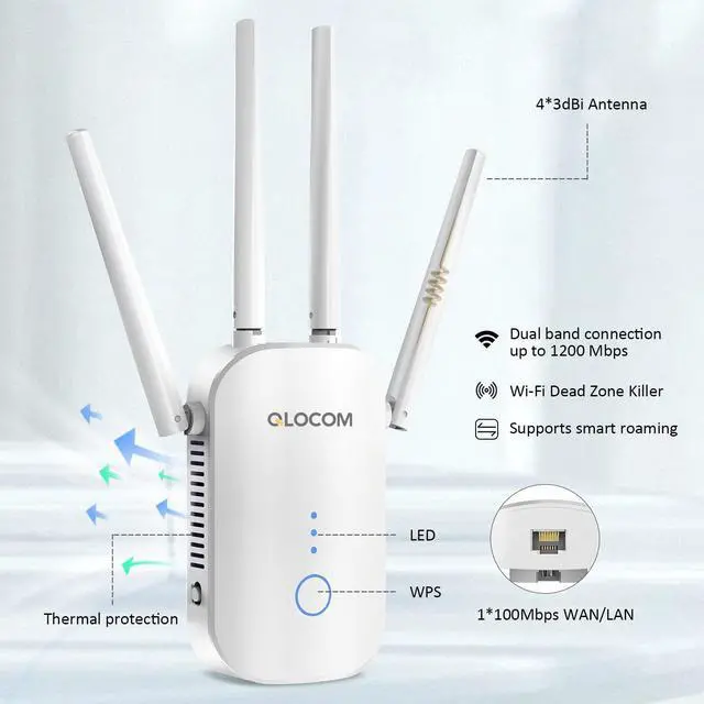 Alt view image 4 of 7 - QLOCOM WiFi Extender WiFi Booster 1200Mbps Wireless Signal Booster Internet Range Booster for Home Dual Band 2.4G & 5GHz, Support Repeater/ Bridge/ AP/ Client/ Router Modes