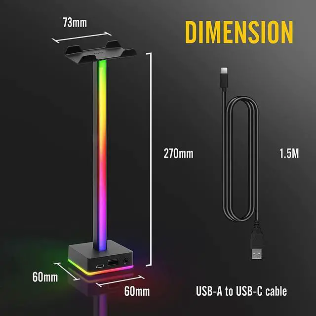 Alt view image 5 of 7 - EZDIY-FAB USB LED Light Bar Headphones Stand, Desktop Atmosphere RGB Backlight,50 Built-in Color Modes, Headphone Holder for Gamers Gaming PC PS5 Accessories Desk- Black- 1 Pack