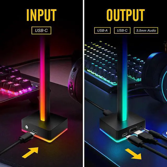 Alt view image 7 of 7 - EZDIY-FAB USB LED Light Bar Headphones Stand, Desktop Atmosphere RGB Backlight,50 Built-in Color Modes, Headphone Holder for Gamers Gaming PC PS5 Accessories Desk- Black- 1 Pack