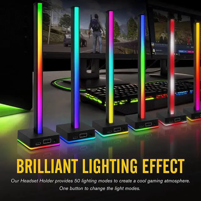 Alt view image 4 of 7 - EZDIY-FAB USB LED Light Bar Headphones Stand, Desktop Atmosphere RGB Backlight,50 Built-in Color Modes, Headphone Holder for Gamers Gaming PC PS5 Accessories Desk- Black- 1 Pack