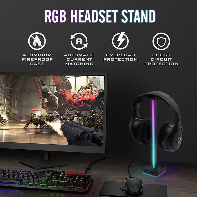 Alt view image 3 of 7 - EZDIY-FAB USB LED Light Bar Headphones Stand, Desktop Atmosphere RGB Backlight,50 Built-in Color Modes, Headphone Holder for Gamers Gaming PC PS5 Accessories Desk- Black- 1 Pack