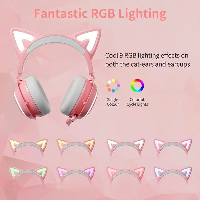 Alt view image 2 of 6 - Pink Gaming Headset GS510, Wired, Over Ear, Cat Ear Design with RGB Lighting, 7.1 Surround Sound, Retractable Mic, Compatible with PC, PS4, PS5
