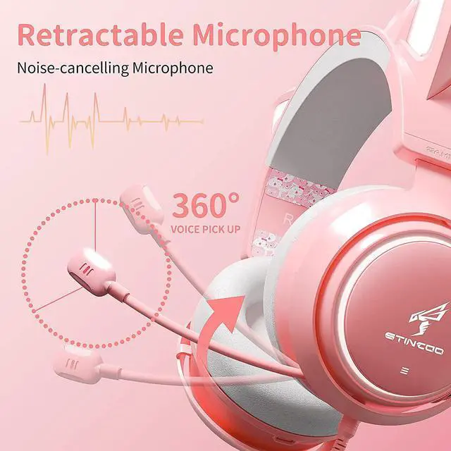Alt view image 5 of 6 - Pink Gaming Headset GS510, Wired, Over Ear, Cat Ear Design with RGB Lighting, 7.1 Surround Sound, Retractable Mic, Compatible with PC, PS4, PS5