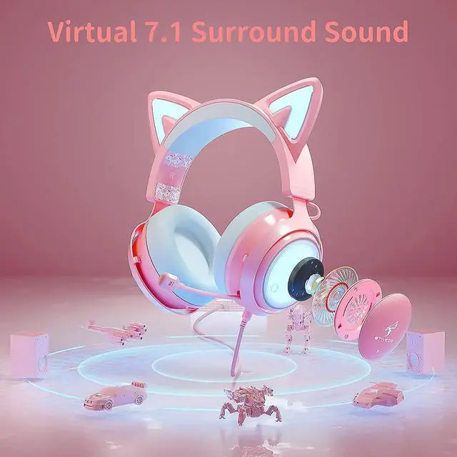 Alt view image 4 of 6 - Pink Gaming Headset GS510, Wired, Over Ear, Cat Ear Design with RGB Lighting, 7.1 Surround Sound, Retractable Mic, Compatible with PC, PS4, PS5