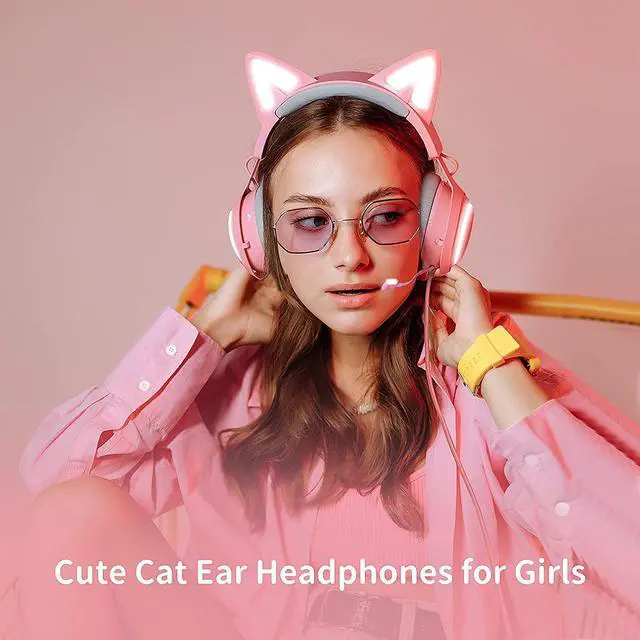 Alt view image 6 of 6 - Pink Gaming Headset GS510, Wired, Over Ear, Cat Ear Design with RGB Lighting, 7.1 Surround Sound, Retractable Mic, Compatible with PC, PS4, PS5