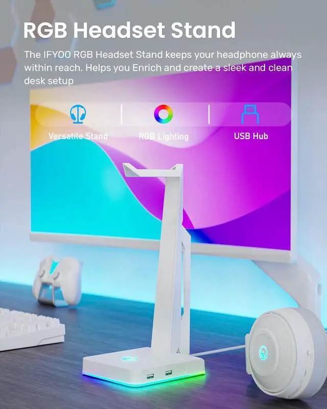 Alt view image 2 of 7 - IFYOO RGB Gaming Headset Stand with 2 USB Ports, Game Headphone Mount for PC, Xbox One, PS4, Switch, Earphone Holder Hanger, Great for Gaming Stations, Fancy Desk Gamer Accessories, White