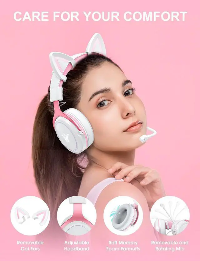 Alt view image 2 of 6 - PHNIXGAM Cat Ear Gaming Cute Headset, Wired Over-Ear Headphones with Noise Cancelling Microphone, Surround Sound, LED Backlight for PS4, PS5, Xbox One(No Adapter), PC, Mobile Phone, White & Pink
