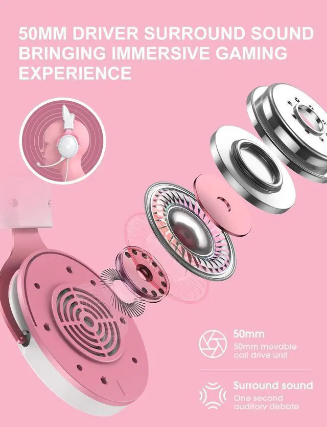 Alt view image 3 of 6 - PHNIXGAM Cat Ear Gaming Cute Headset, Wired Over-Ear Headphones with Noise Cancelling Microphone, Surround Sound, LED Backlight for PS4, PS5, Xbox One(No Adapter), PC, Mobile Phone, White & Pink