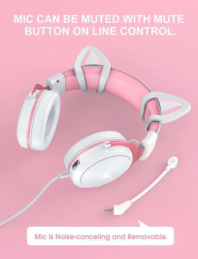 Alt view image 5 of 6 - PHNIXGAM Cat Ear Gaming Cute Headset, Wired Over-Ear Headphones with Noise Cancelling Microphone, Surround Sound, LED Backlight for PS4, PS5, Xbox One(No Adapter), PC, Mobile Phone, White & Pink