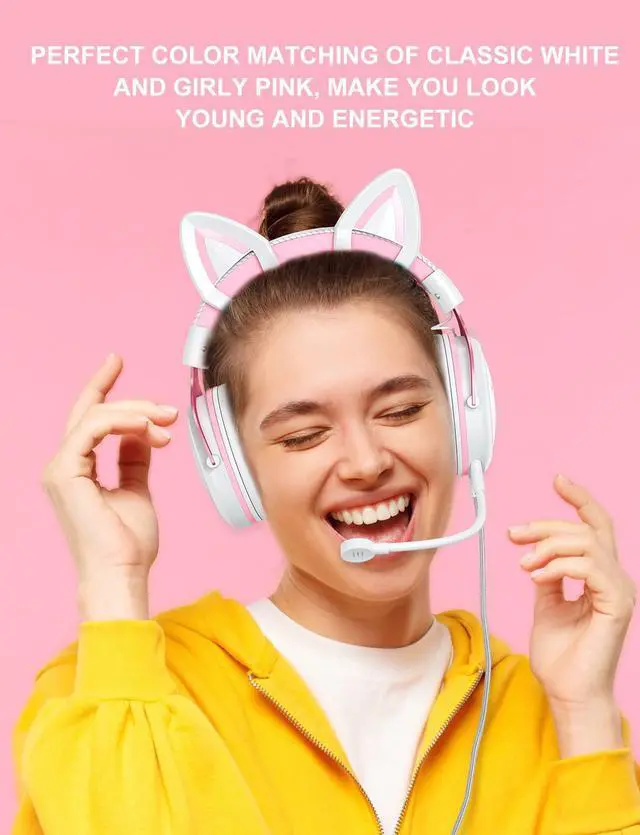 Alt view image 6 of 6 - PHNIXGAM Cat Ear Gaming Cute Headset, Wired Over-Ear Headphones with Noise Cancelling Microphone, Surround Sound, LED Backlight for PS4, PS5, Xbox One(No Adapter), PC, Mobile Phone, White & Pink