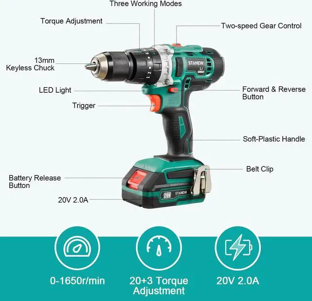 Alt view image 3 of 7 - STANEW Cordless Hammer Drill Driver Set, Hammer Drill with 2 20V 2.0Ah Li-ion Battery, 1/2" Metal Keyless Chuck 2 Variable Speed 20+3 Torque Setting and Plastic Carrying Case