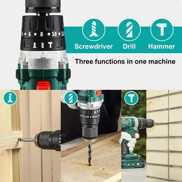 Alt view image 7 of 7 - STANEW Cordless Hammer Drill Driver Set, Hammer Drill with 2 20V 2.0Ah Li-ion Battery, 1/2" Metal Keyless Chuck 2 Variable Speed 20+3 Torque Setting and Plastic Carrying Case