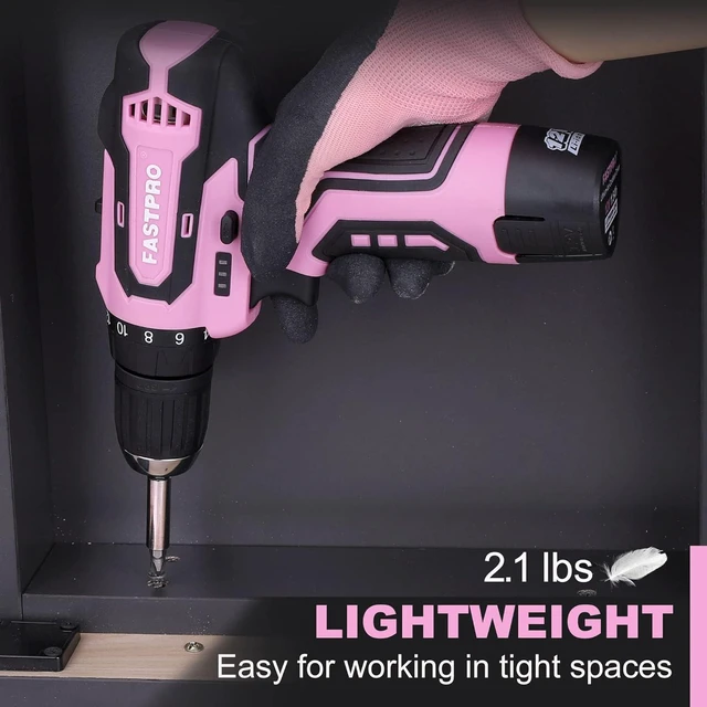 Alt view image 5 of 7 - FASTPRO 42-Piece 12V Pink Drill kit, Lithium-ion Cordless Drill Driver, 3/8 in. Drill Driver Set with One 1.5 Ah Batteries, Charger and Tool Bag