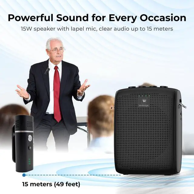 Alt view image 2 of 7 - W WINBRIDGE Voice Amplifier with Wireless Lapel Microphone - Personal Megaphone for Teachers, Mini Bluetooth PA System and Clip-on Mic for Classroom, Speech, Yoga, Tour Guide