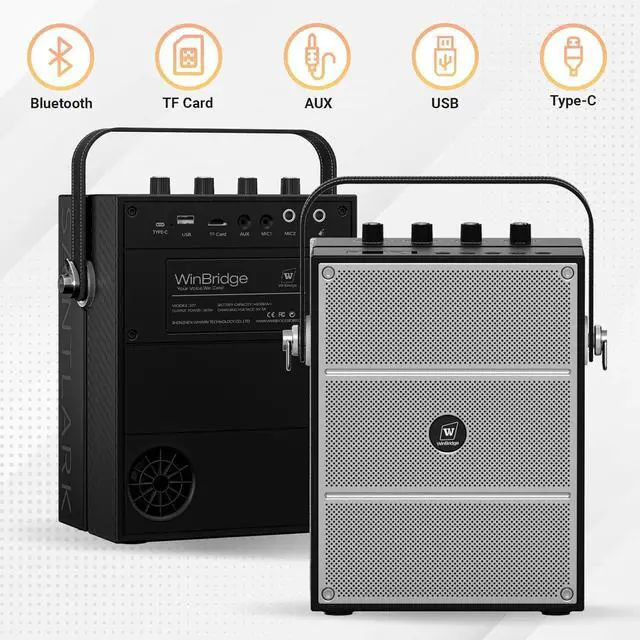 Alt view image 2 of 7 - W WINBRIDGE 60W Powerful Wireless Voice Amplifier with Handheld and Headset Microphones for Teachers,Portable PA System with Sound Effects, Karaoke Speaker and Mic System Support Guitar Play S97