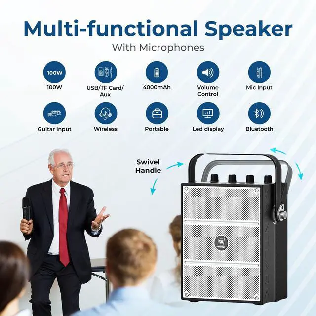 Alt view image 3 of 7 - W WINBRIDGE 100W Powerful Voice Amplifier with 2 Wireless Microphones, Big Pro Sound Portable Speaker with Microphone, Bluetooth Speaker PA System Karaoke Machine Support BT/USB/TF Card/Aux/Guitar S99
