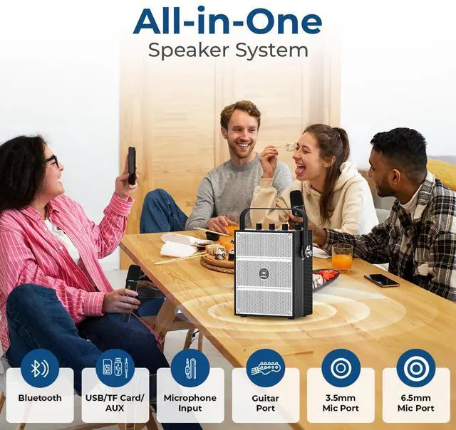 Alt view image 6 of 7 - W WINBRIDGE 100W Powerful Voice Amplifier with 2 Wireless Microphones, Big Pro Sound Portable Speaker with Microphone, Bluetooth Speaker PA System Karaoke Machine Support BT/USB/TF Card/Aux/Guitar S99