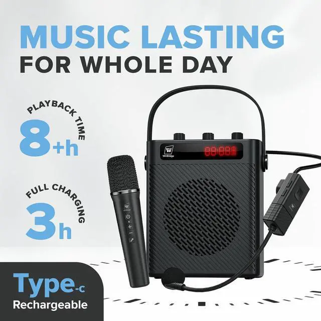 Alt view image 4 of 7 - W WINBRIDGE Voice Amplifier Bluetooth 5.3 Wireless Headset Mirophone/Handheld Mic-40W Rechargeable Megaphone Personal Pa System Portable Microphone and Speaker Set, 4 Sound Effects ,S95