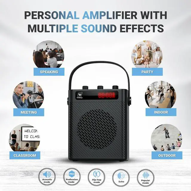 Alt view image 5 of 7 - W WINBRIDGE Voice Amplifier Bluetooth 5.3 Wireless Headset Mirophone/Handheld Mic-40W Rechargeable Megaphone Personal Pa System Portable Microphone and Speaker Set, 4 Sound Effects ,S95