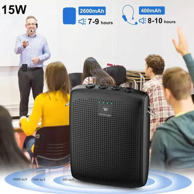 Alt view image 3 of 7 - W WINBRIDGE Bluetooth Voice Amplifier for Teachers, Wireless Voice Amplifier with Bluetooth Headset Microphone, Portable Megaphone Speaker Headset System, Teacher Must Haves 15W WB002