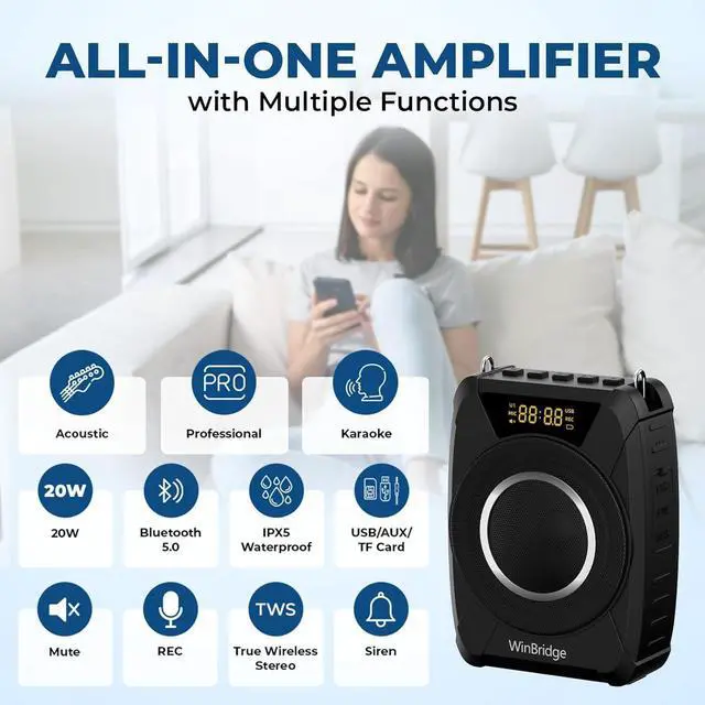 Alt view image 6 of 7 - W WINBRIDGE Bluetooth 5.0 Voice Amplifier with Wireless Mic Headset, Waterproof Wireless Voice Amplifier, 20W Loudly Portable Megaphone PA System for Teachers, Safety Drills, Outdoors Indoors,M801