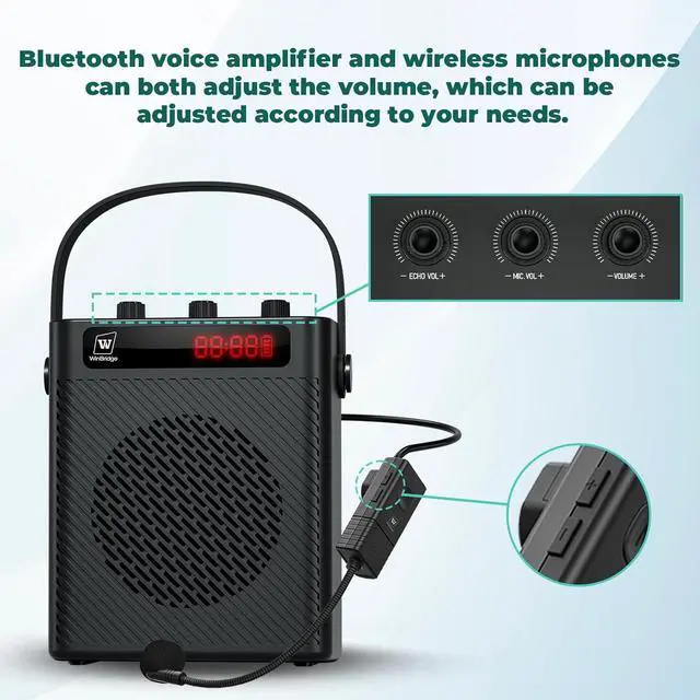 Alt view image 6 of 7 - W WINBRIDGE Wireless Voice Amplifier with Headset Microphone, Portable Bluetooth 5.3 PA System for Teachers, Personal Rechargeable Megaphone with Speaker for Teaching and Speaking in Classrooms S93