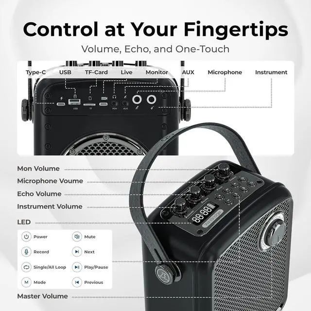Alt view image 5 of 7 - W WINBRIDGE Wireless Voice Amplifier with Microphone, Portable PA Speaker System, 70W Bluetooth 5.3 Karaoke Machine for Teachers, Public Speaking, Events, Singing, Supports Guitar, Headphone - S100