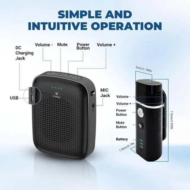 Alt view image 5 of 7 - W WINBRIDGE Voice Amplifier with Wireless Lapel Microphone - Personal Megaphone for Teachers, 15W Portable Mini Bluetooth PA System and Clip-on Lavalier Mic for Classroom, Speech, Tour Guide - A006