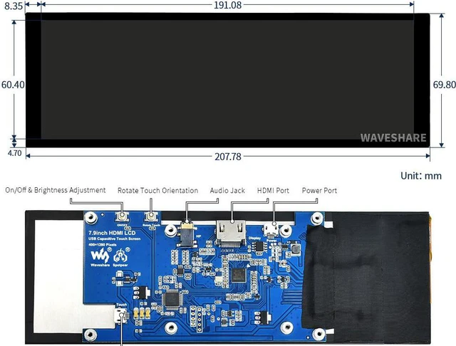 Alt view image 7 of 7 - 7.9inch Capacitive Touch Screen LCD, 400×1280, HDMI, IPS, Toughened Glass Cover