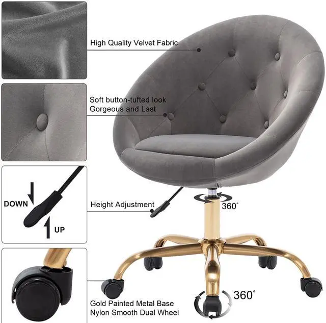 Alt view image 4 of 7 - Swivel Height Adjustable Task Chair Tufted Velvet Upholstered Office Chair