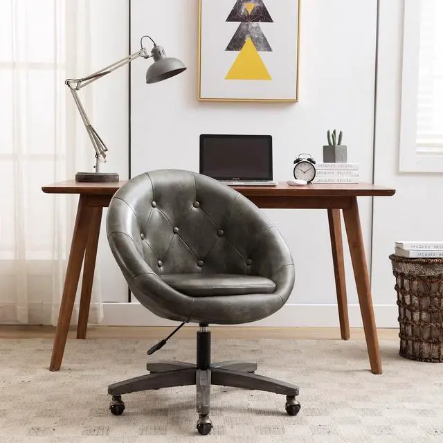 Alt view image 2 of 7 - Duhome PU Leather Office Chair Home Desk Chair Tufted Round Back Adjustable Swivel Chair