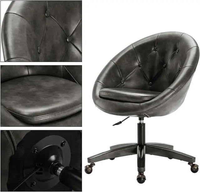 Alt view image 4 of 7 - Duhome PU Leather Office Chair Home Desk Chair Tufted Round Back Adjustable Swivel Chair
