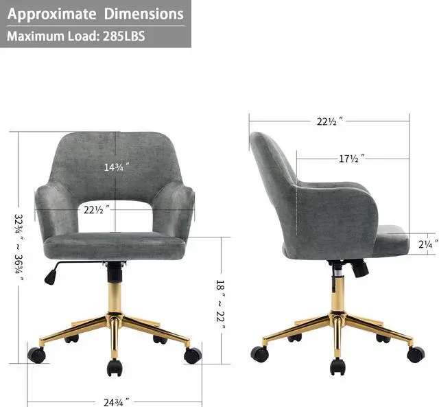 Alt view image 3 of 7 - Duhome Home Office Desk Chair with Wheels, Fabric Adjustable Swivel Accent Chair with Hollow Mid-Back Backrest, for Living Room Bedroom, Golden Base
