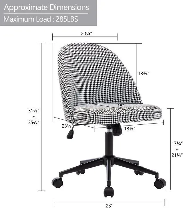 Alt view image 3 of 7 - Duhome Linen Home Office Desk Chair, Swivel Desk Chair Upholstered Chair Rolling Computer Chair with Black Metal Base Mid Back, Adjustable Vanity Chair for Teens Adults, Houndstooth
