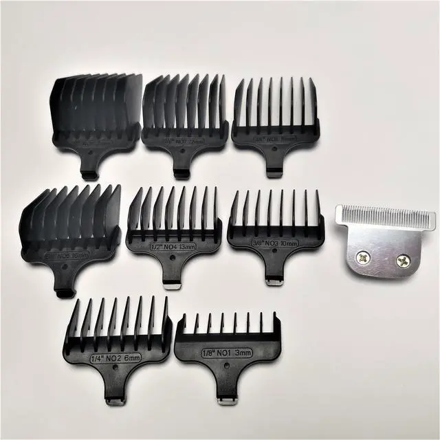 Main image of Hair Clipper T-Blade & 8PCS COMB #1- #8, 1/8"-1", 3-25mm Prewave Compatible With Wahl 9884 9884L 9885 9885L 9837 9854 9854L 9855 9860 9860L 9864 9864L 9867L 9870L 5537C 5598 9653 9686 9816-200 9818L
