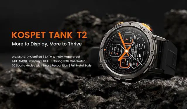 Alt view image 2 of 7 - 2023 KOSPET TANK T2 Military Smartwatch Men Women Electronic Digital Watch AI Voice Assistant Make Call AMOLED AOD 70 Sport Modes Bluetooth IP69K Waterproof SOS