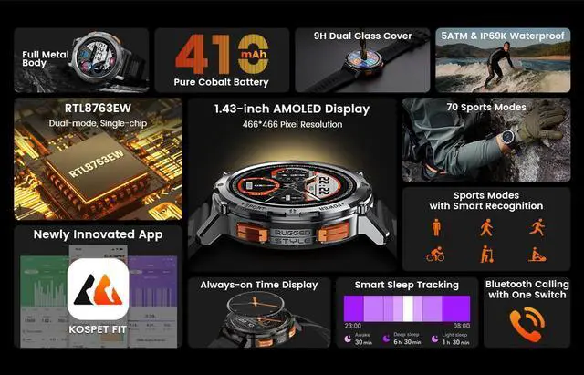 Alt view image 3 of 7 - 2023 KOSPET TANK T2 Military Smartwatch Men Women Electronic Digital Watch AI Voice Assistant Make Call AMOLED AOD 70 Sport Modes Bluetooth IP69K Waterproof SOS