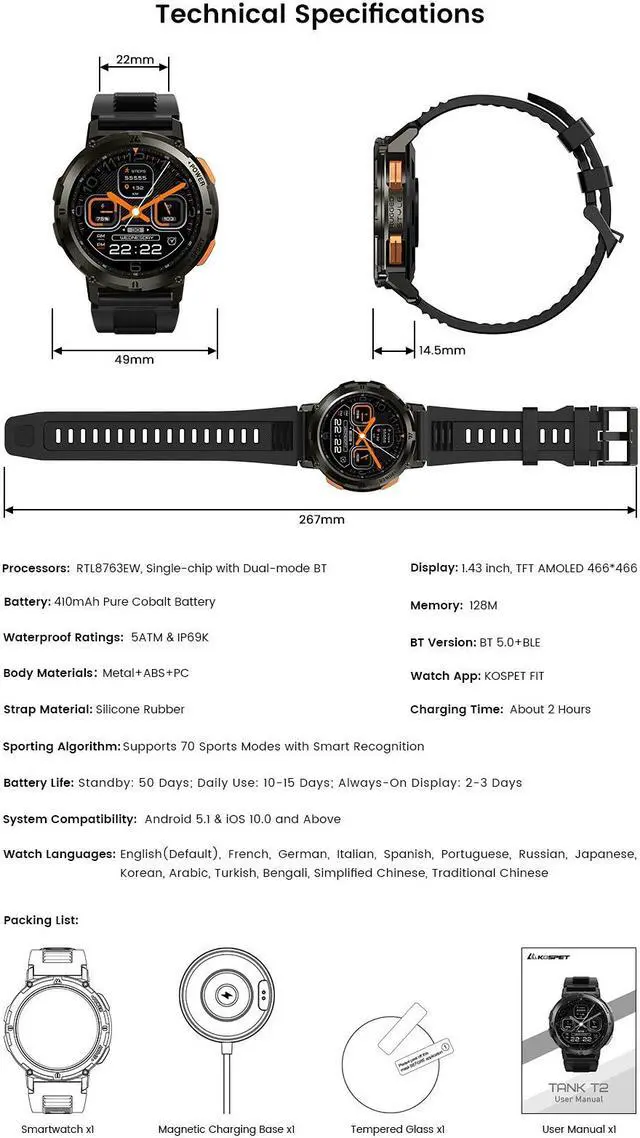 Alt view image 7 of 7 - 2023 KOSPET TANK T2 Military Smartwatch Men Women Electronic Digital Watch AI Voice Assistant Make Call AMOLED AOD 70 Sport Modes Bluetooth IP69K Waterproof SOS