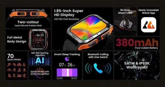 Alt view image 3 of 7 - 2023 Kospet Tank M2 Military Smartwatch Men Women Fitness Digital Watch Artificial Intelligence Voice 70 Sport Modes IP69K Water Resistant(black)