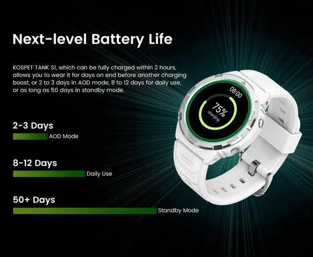 Alt view image 3 of 7 - KOSPET Tank S1 Men's and Women's Smartwatch, Answer/Dial, 1.3-inch AMOLED Screen, 70 Modes, Android iOS White