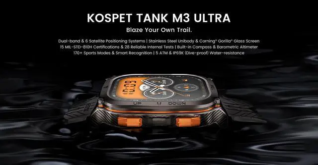 Alt view image 2 of 7 - KOSPET TANK M3 Ultra Men's Smartwatch, Built-in GPS, 60-Day Long Battery, 5ATM and IP69 Water Resistant, 1.96-inch AMOLED HD Display, AI Voice Assistant