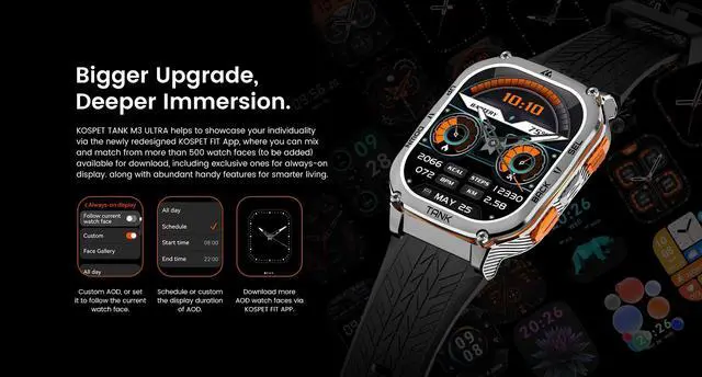 Alt view image 3 of 7 - KOSPET TANK M3 Ultra Men's Smartwatch, Built-in GPS, 60-Day Long Battery, 5ATM and IP69 Water Resistant, 1.96-inch AMOLED HD Display, AI Voice Assistant