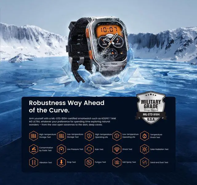 Alt view image 4 of 7 - KOSPET TANK M3 Ultra Men's Smartwatch, Built-in GPS, 60-Day Long Battery, 5ATM and IP69 Water Resistant, 1.96-inch AMOLED HD Display, AI Voice Assistant