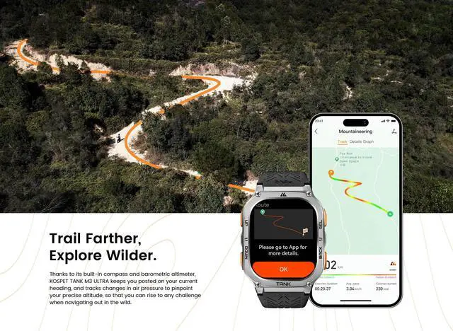 Alt view image 6 of 7 - KOSPET TANK M3 Ultra Men's Smartwatch, Built-in GPS, 60-Day Long Battery, 5ATM and IP69 Water Resistant, 1.96-inch AMOLED HD Display, AI Voice Assistant