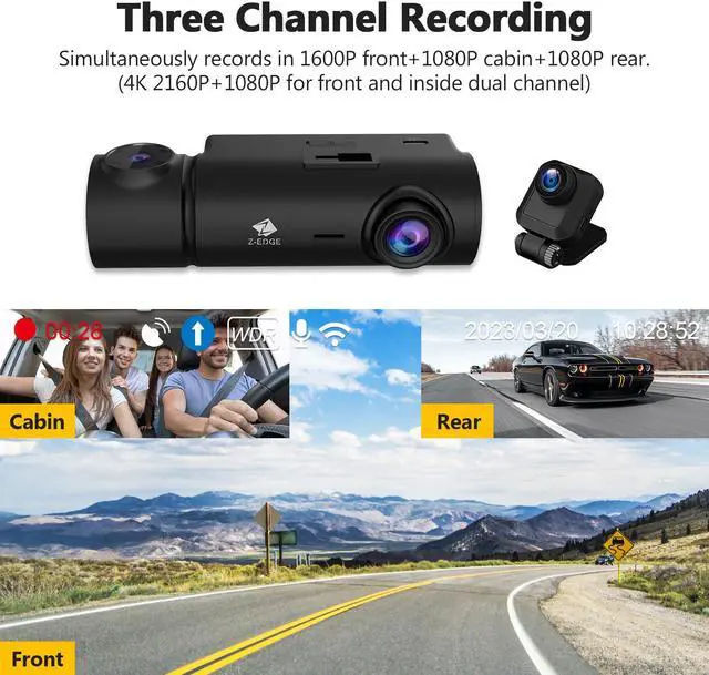 Alt view image 2 of 7 - Z-EDGE T3P 3 Channel 4K Dash Cam, Front + Rear + Cabin 3CH Recording, IPS Touch Screen, Night Vision, GPS, Wi-Fi, Parking Mode, with 64GB Card