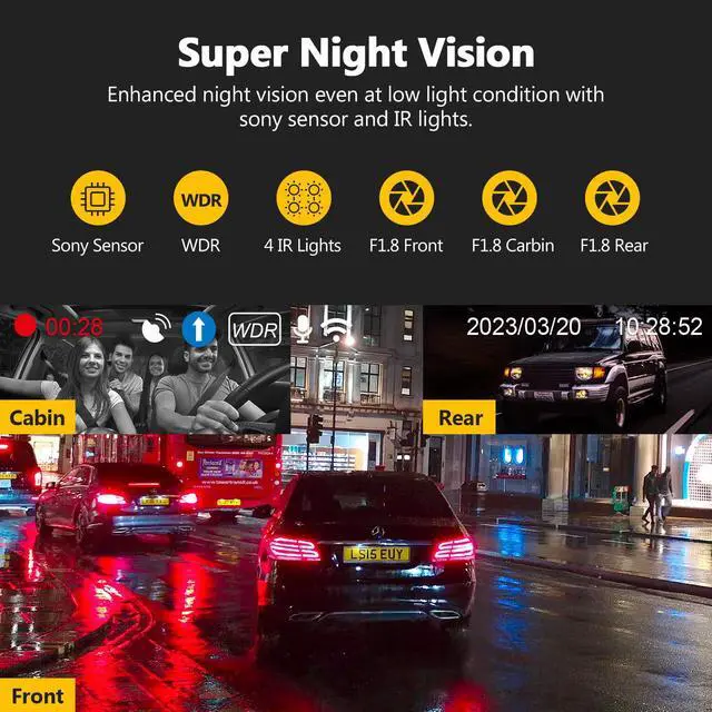 Alt view image 4 of 7 - Z-EDGE T3P 3 Channel 4K Dash Cam, Front + Rear + Cabin 3CH Recording, IPS Touch Screen, Night Vision, GPS, Wi-Fi, Parking Mode, with 64GB Card