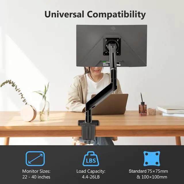 Alt view image 2 of 7 - Z-EDGE MS05 Single Mount Stand Arm, Supports 22"- 40" monitors and 26 lbs, 360° Adjustable, 75x75mm/100x100mm,Clamp & Grommet Base