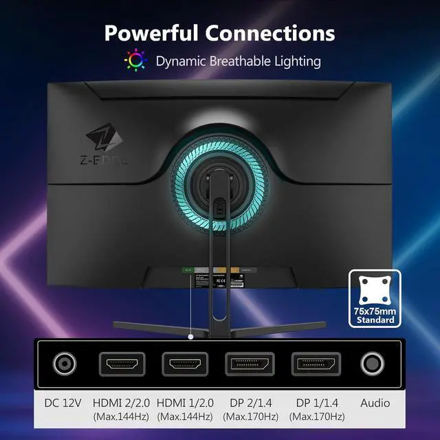Alt view image 6 of 6 - Z-EDGE UG32 32" 2560x1440 2K QHD 170Hz (DP) 144Hz (HDMI) 1ms Curved Gaming Monitor, FreeSync, HDMI x2 , DP x2, Eye-Care Technology